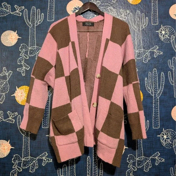 Dressed in Lala Oversized Checkboard Cardigan Sweater Brown Pink Women's Size S - Picture 3 of 9